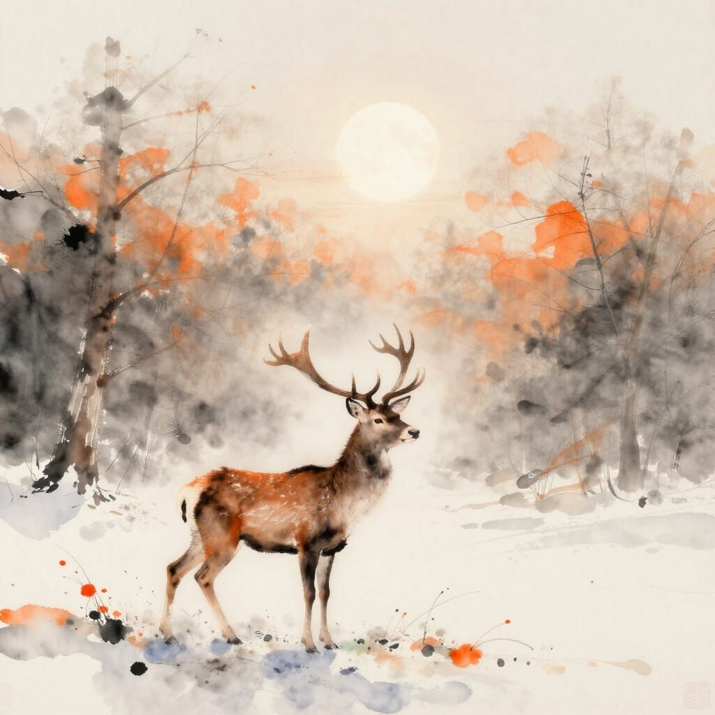 Majestic Stag in Moonlit Forest, Ink Wash Style