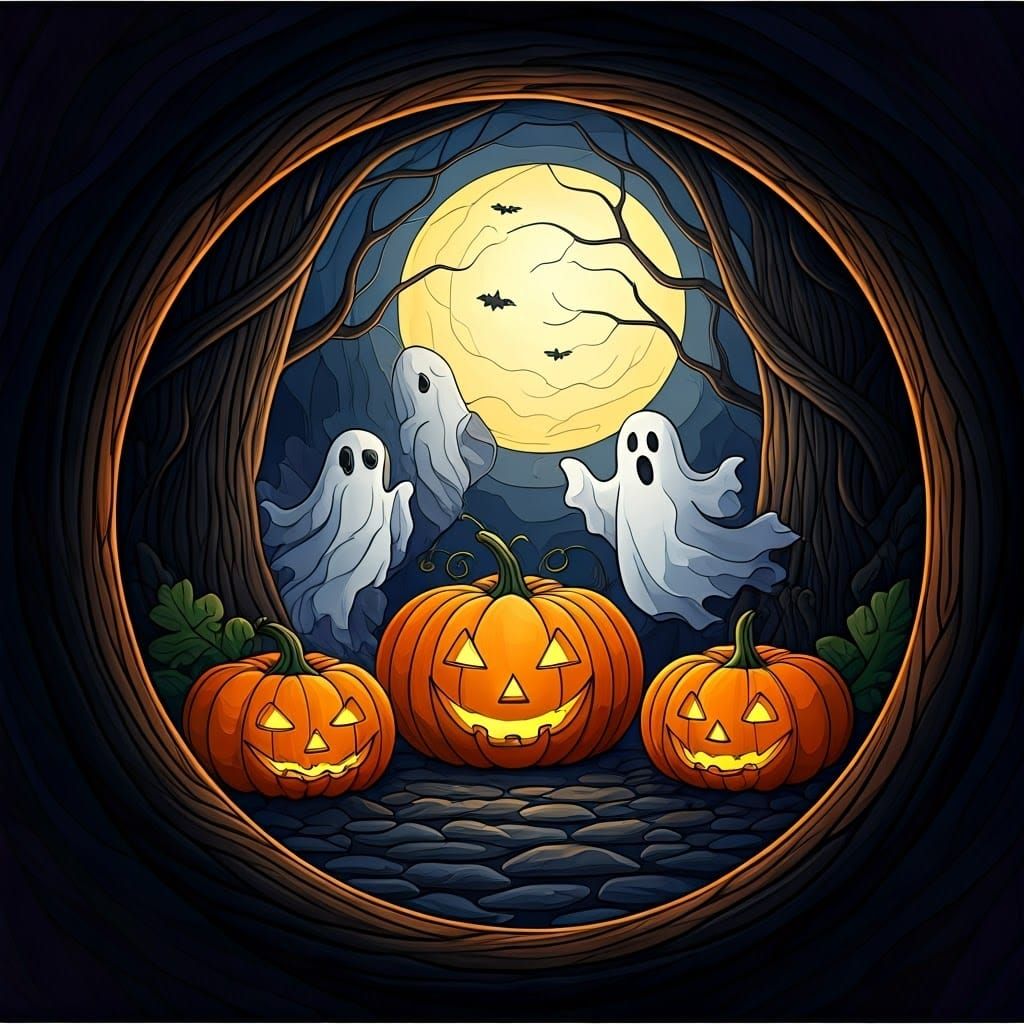 Stained Glass Halloween Scene with Pumpkins and Ghosts