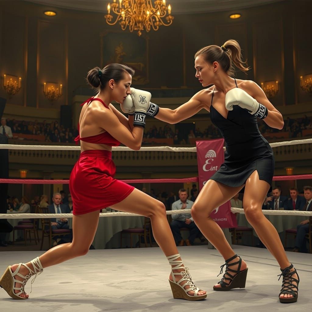 Women in Epic Boxing Match, Hyper-Realistic Digital Art