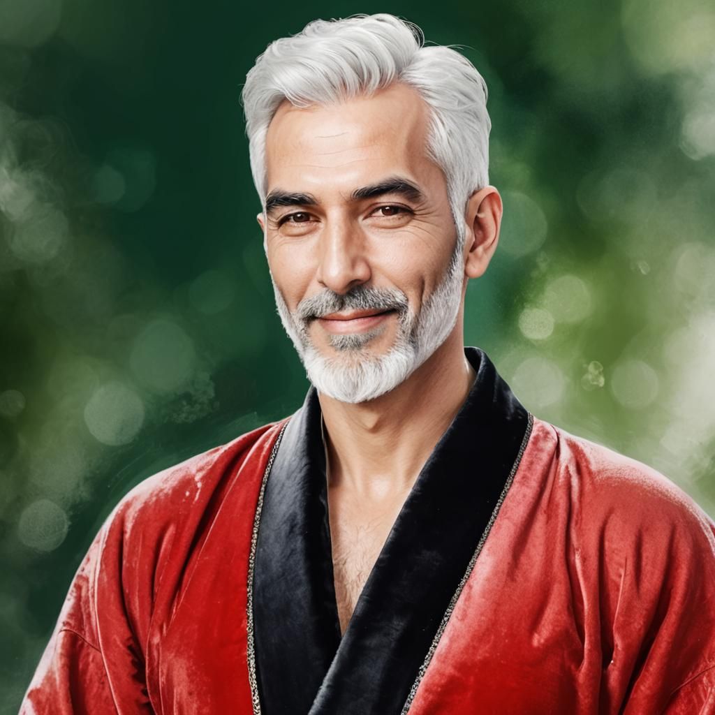 Silver Haired Man in Red Velvet Robe