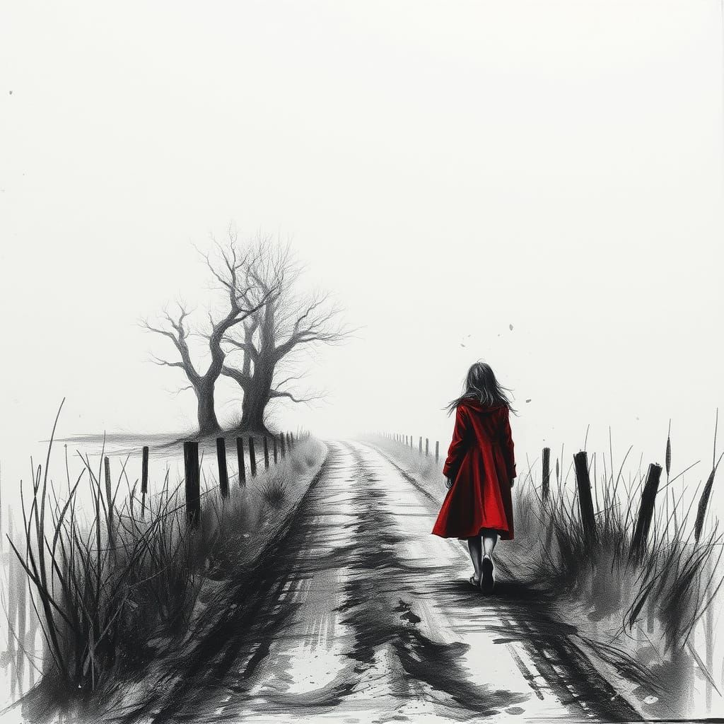 Eerie Charcoal Sketch of Girl in Red Coat
