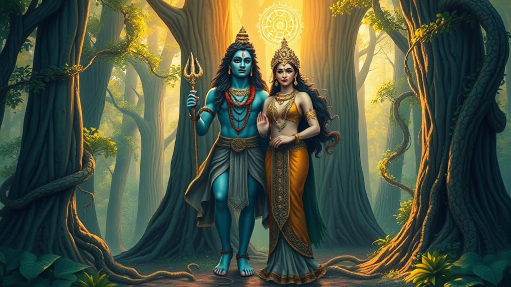Shiva and Parvati in Sacred Forest, Ethereal Art