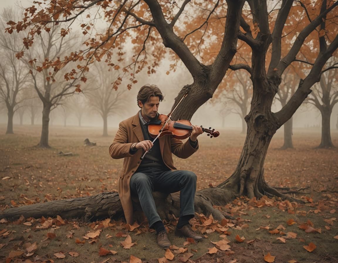 Melancholic Autumn Landscape with Violin, Oil Painting