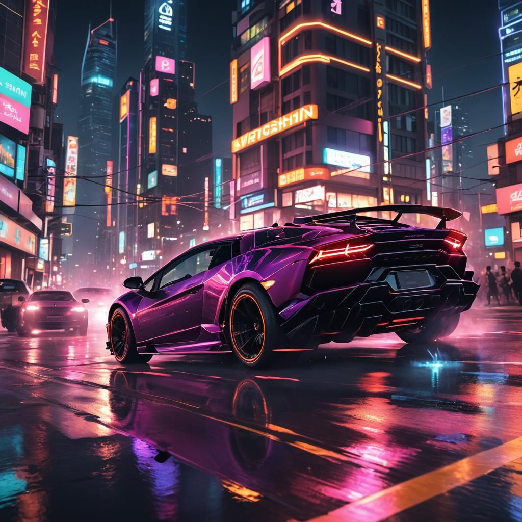 Lamborghini in Neon Cityscape: 3D Anime Art