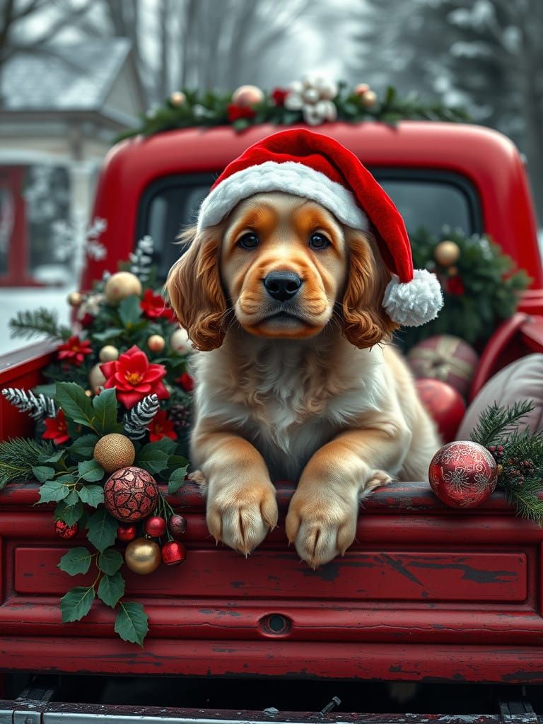 Surreal Winter Wonderland with American Cocker Spaniel Puppy...