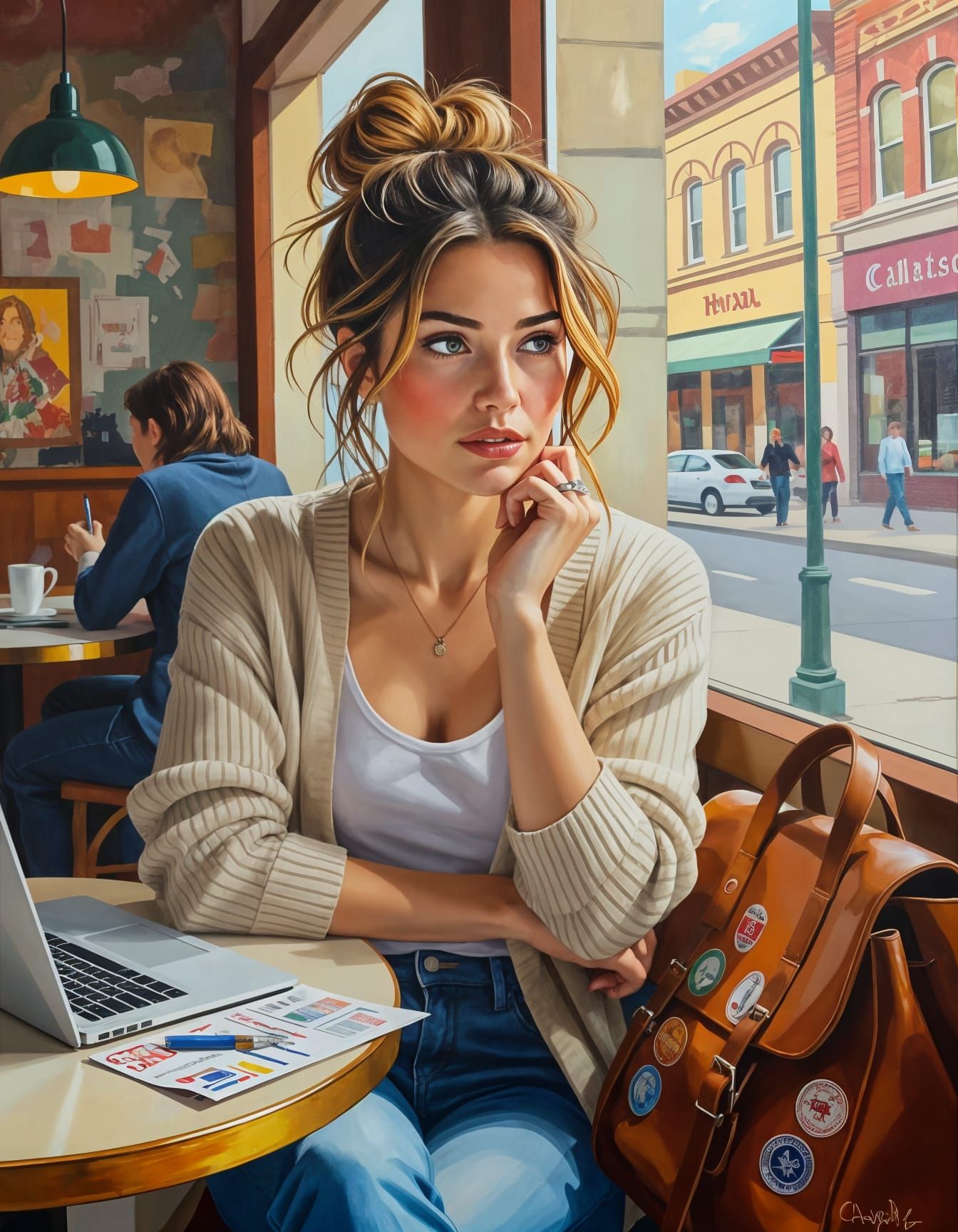 Contemporary Portrait of a Restless Traveler in a Cafe