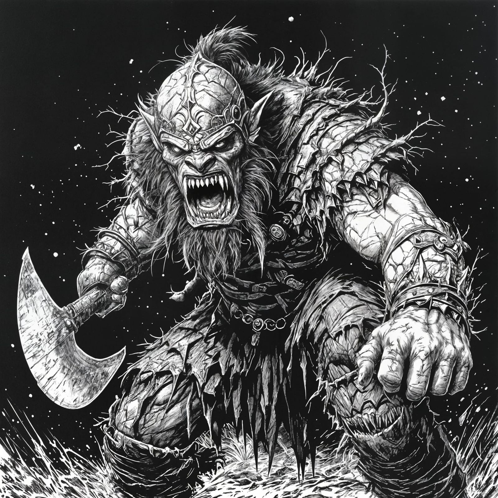 Raging Orc with Battleaxe, Pen-and-Ink Illustration