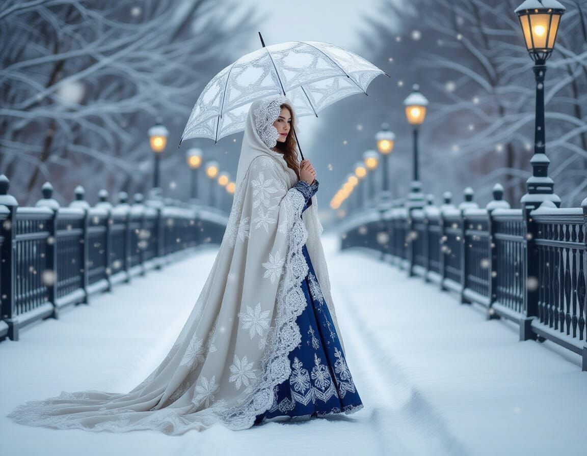 Sfumato Oil Painting: Snow Bridge and Woman in Wind