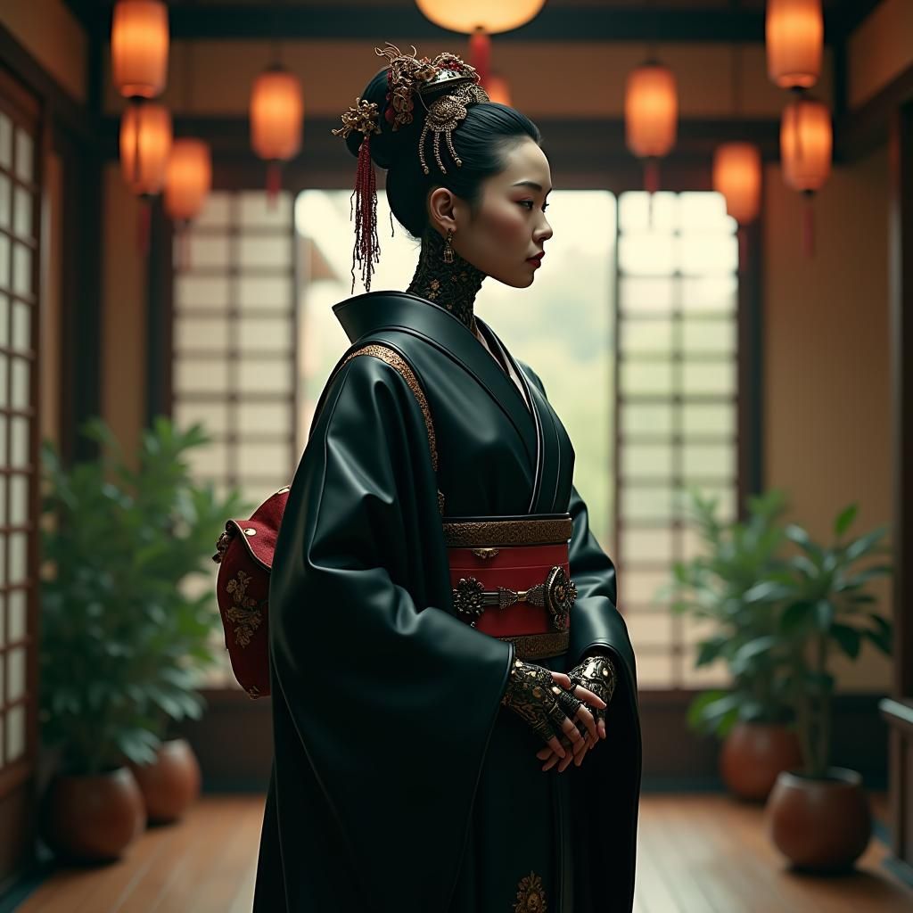 Robotic Geisha in Leather Kimono: Futuristic Japanese Art