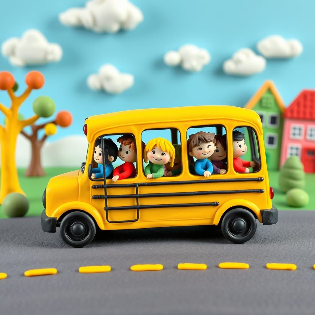 A bright yellow playdough school bus filled with cheerful, round-headed clay kids, heading off to a field trip.