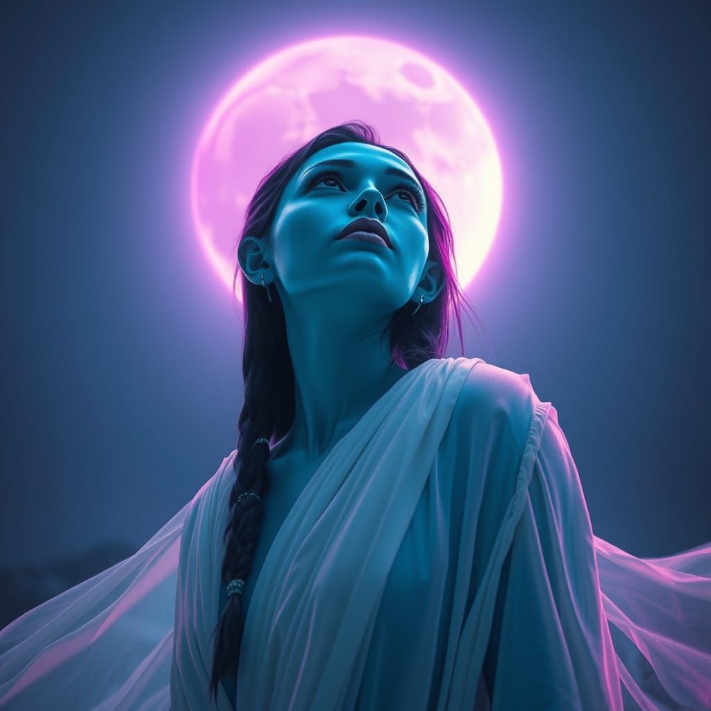 Ethereal Blue Woman Gazing at Prism Moon
