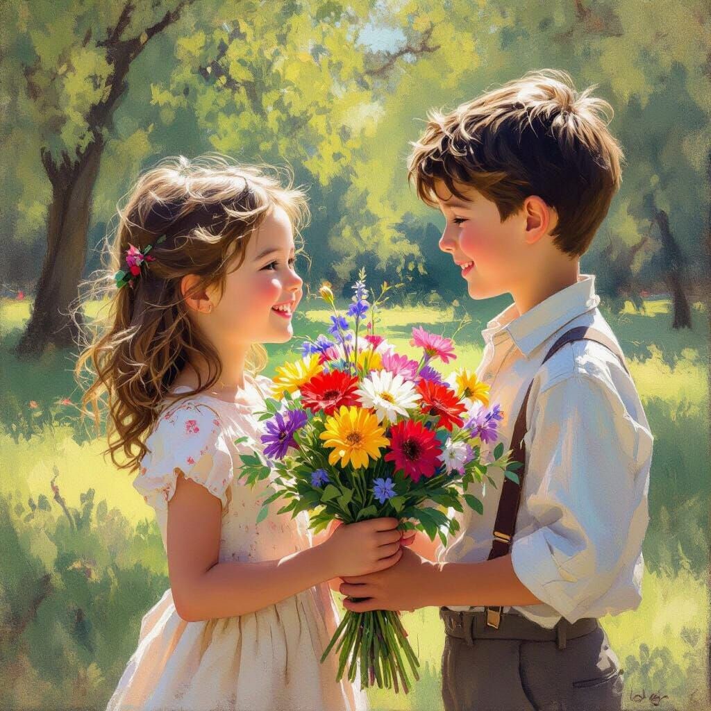 Joyful Girl Receives Flowers in Impressionist Park Scene