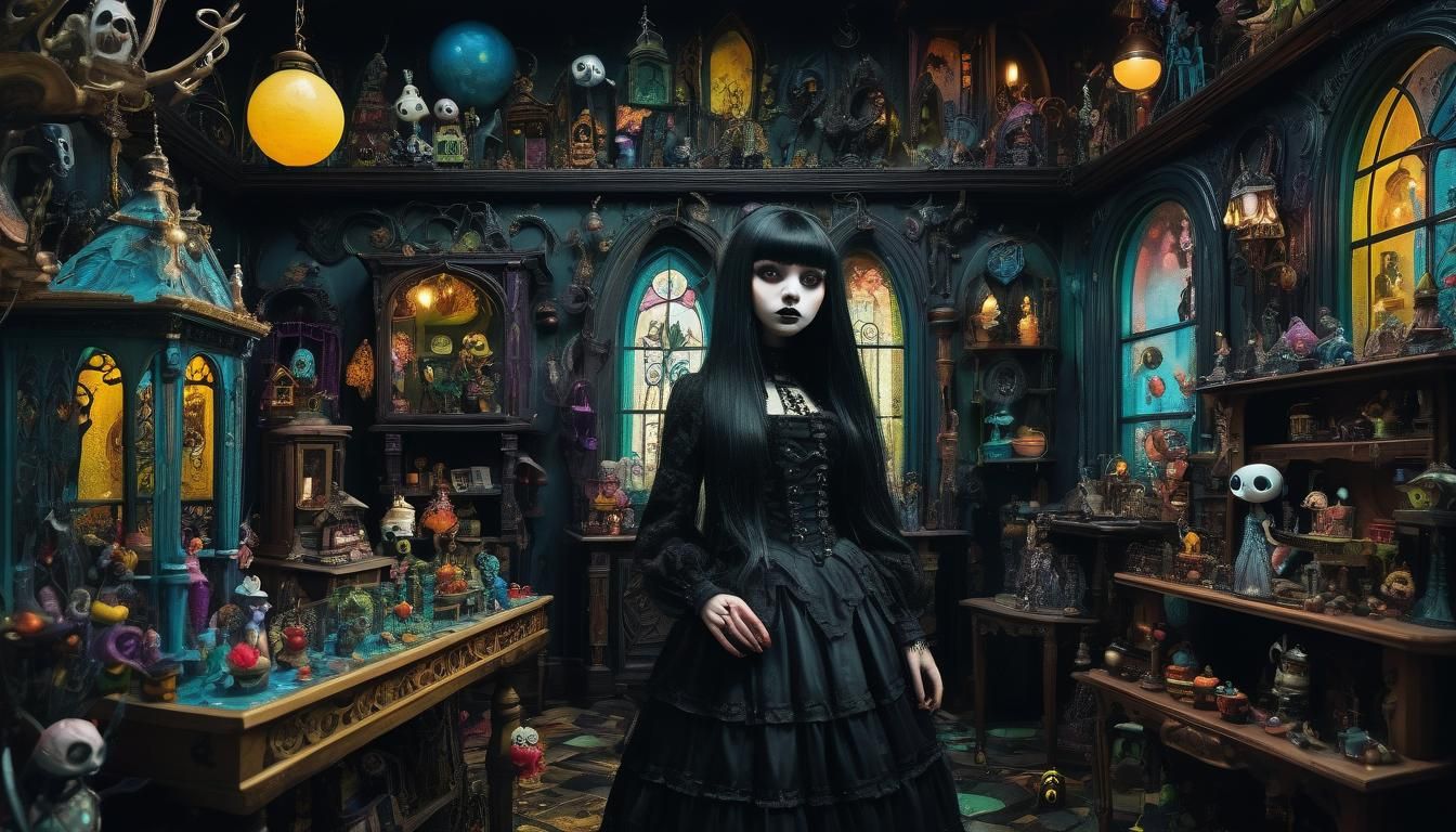 Gothic Woman in Surreal Dollhouse Setting