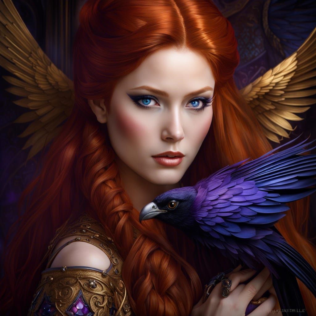 Redhead Sorceress with Raven in Renaissance Style