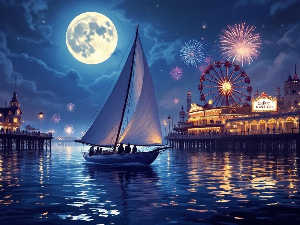 Victorian Sailboat on Moonlit Waters, Matte Painting