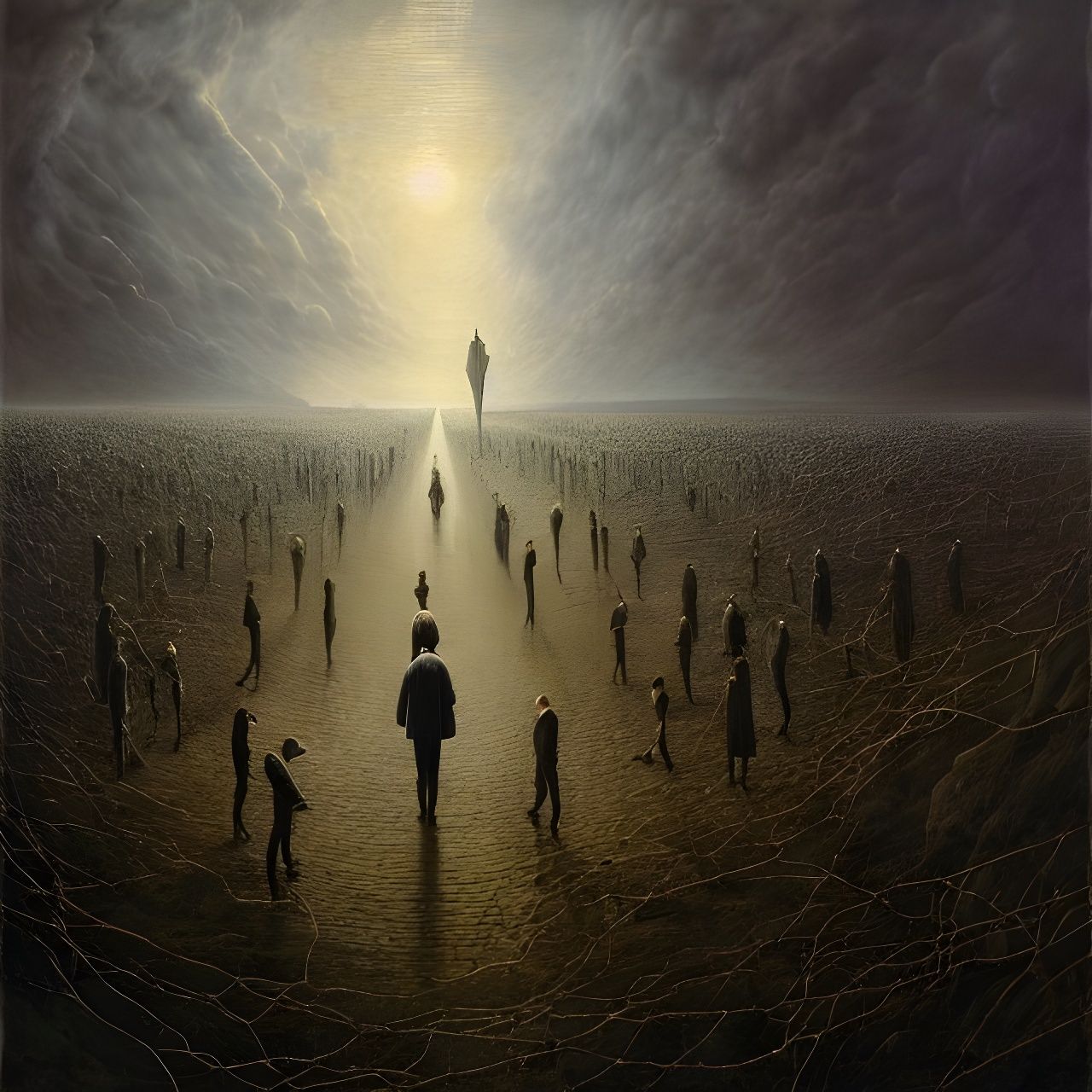 People at World's Edge in Surreal Gothic Style