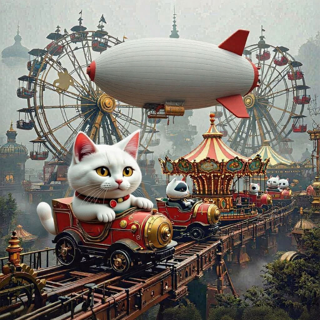 Steampunk Cat Amusement Park with Cat-Themed Rides