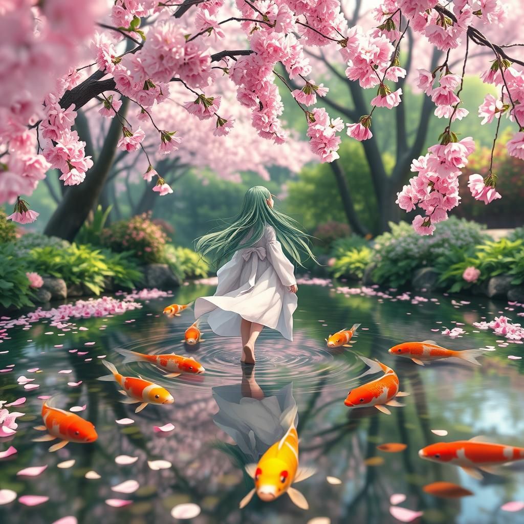 Anime Garden with Cherry Blossoms and Dancing Girl