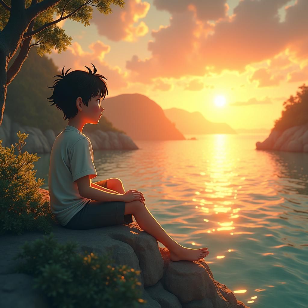 Boy Watches Sunset in Anime Style Landscape