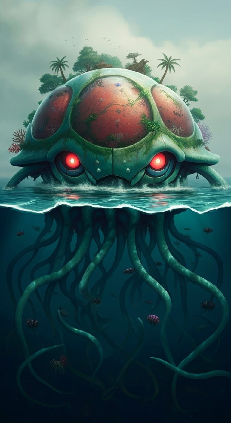 Surreal Pokémon Island Scene in a Cyberpunk Aesthetic