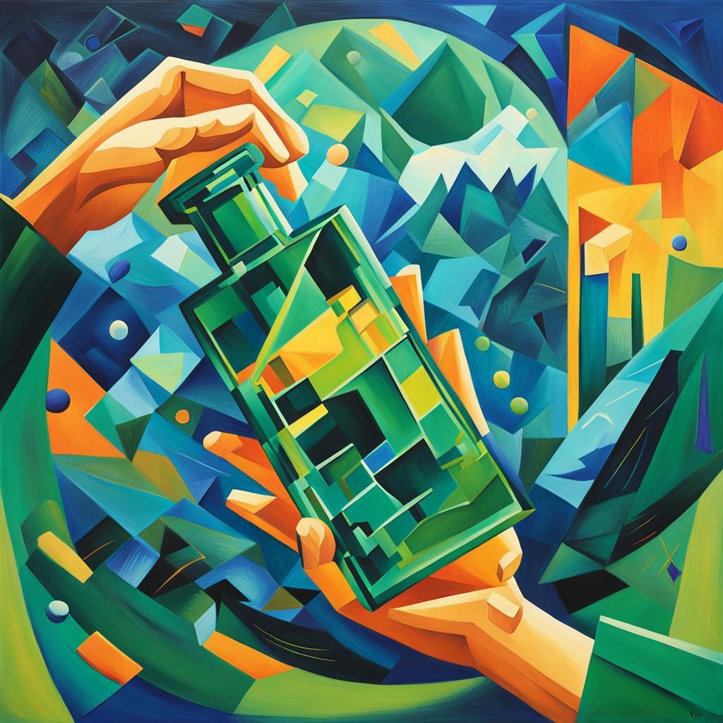 Geometric Cubist Hand Holds Time in a Flask