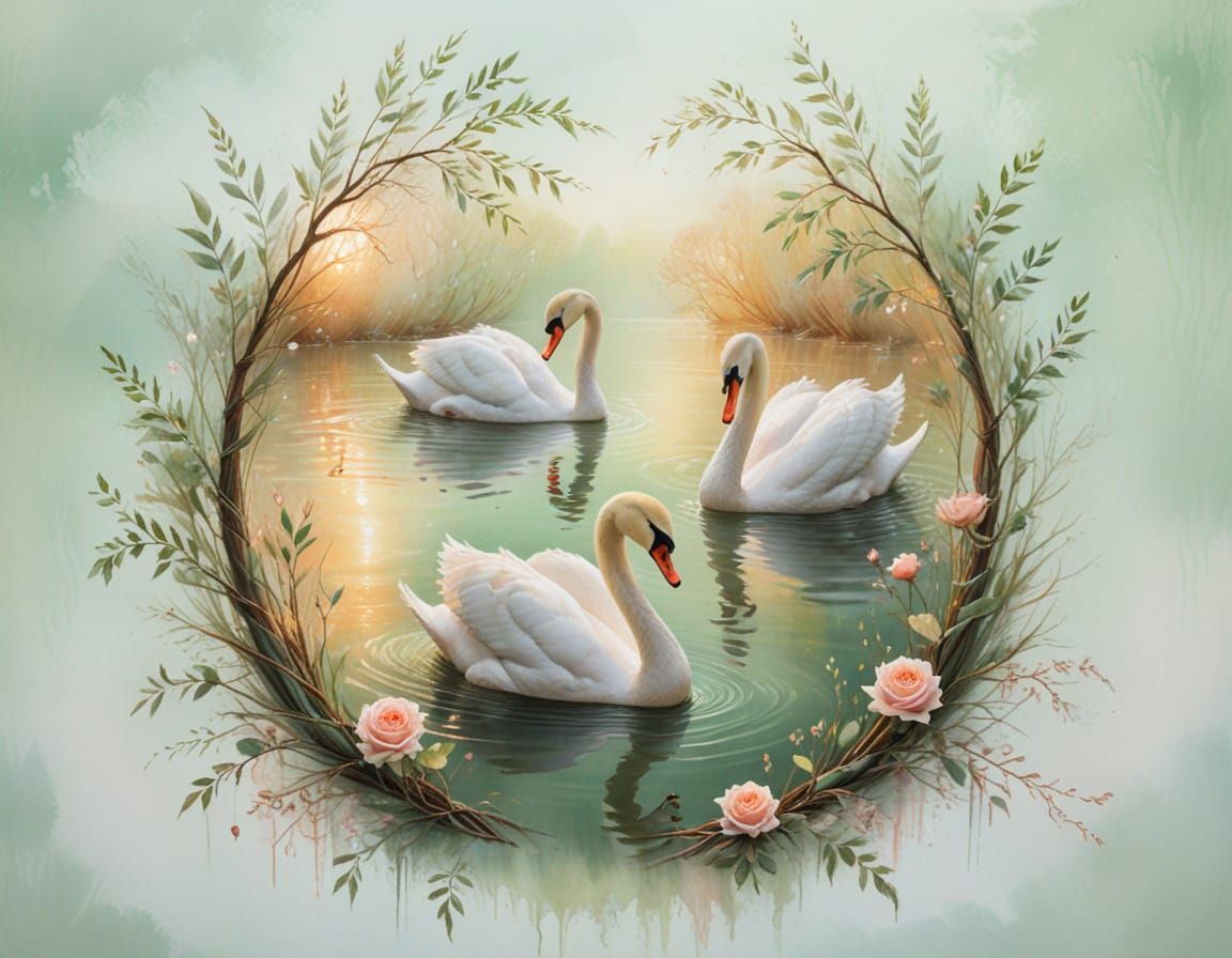 Swans on Glassy Water with Rose Gold Light
