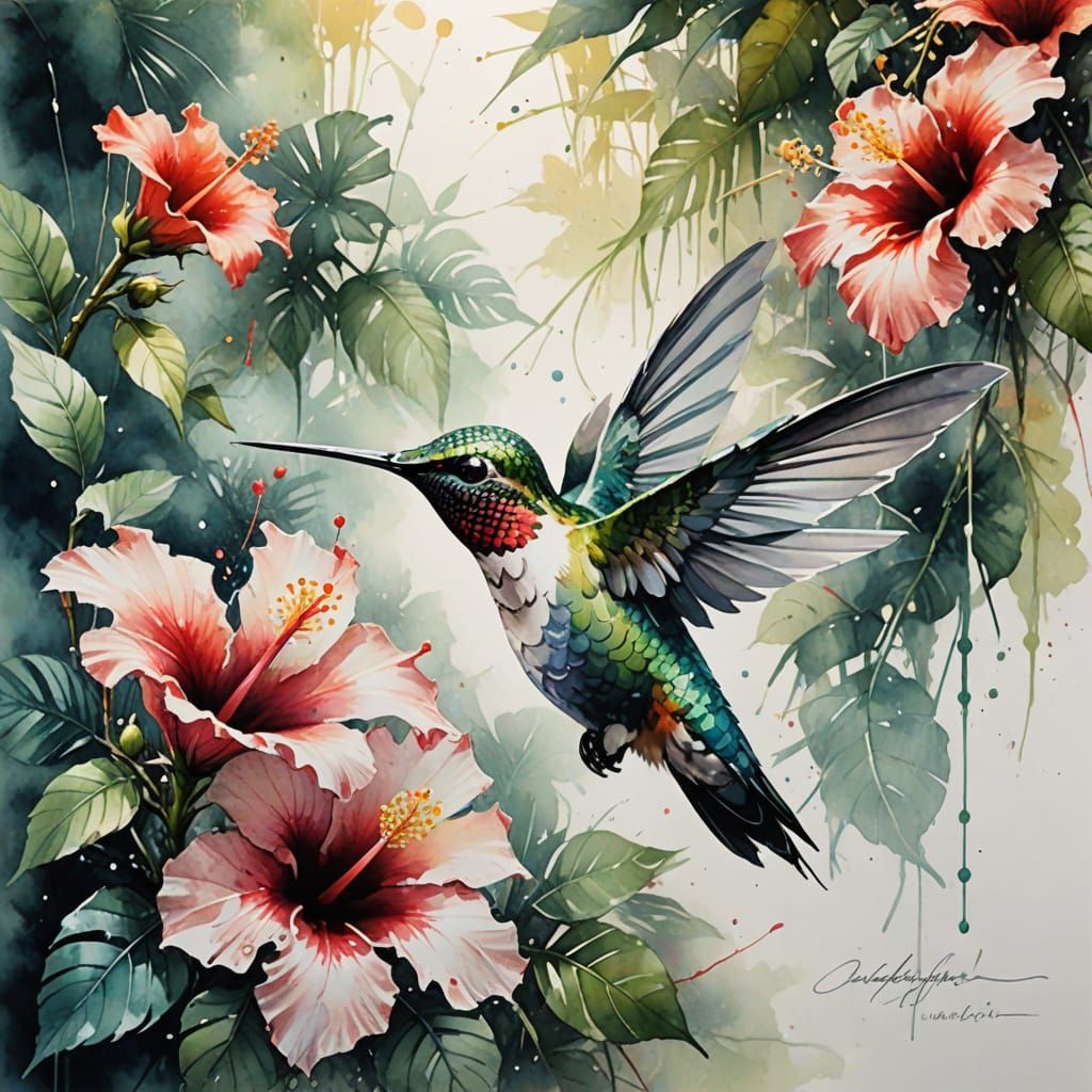 Ethereal Hummingbird in Tropical Bloom