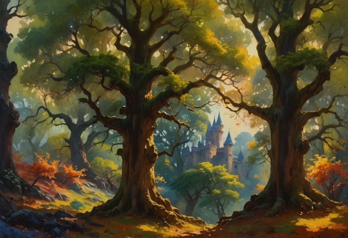 Ancient Oaks in Forest: A Fauvist Oil Painting