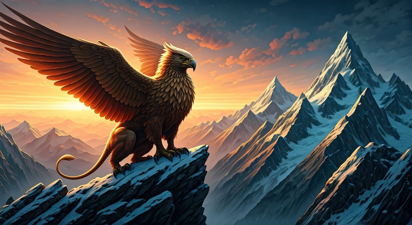 Majestic Griffin on Snowy Peak at Sunset
