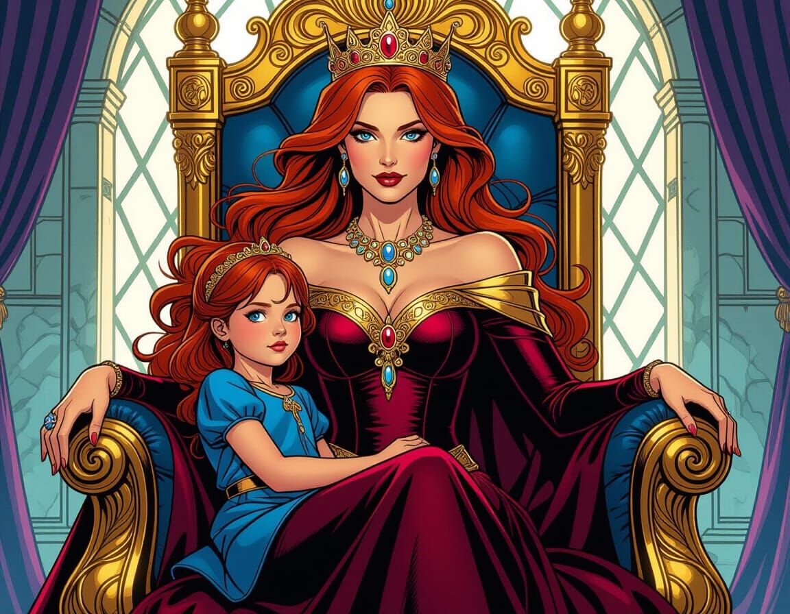 Queen and Daughter on Throne in Comic Book Style