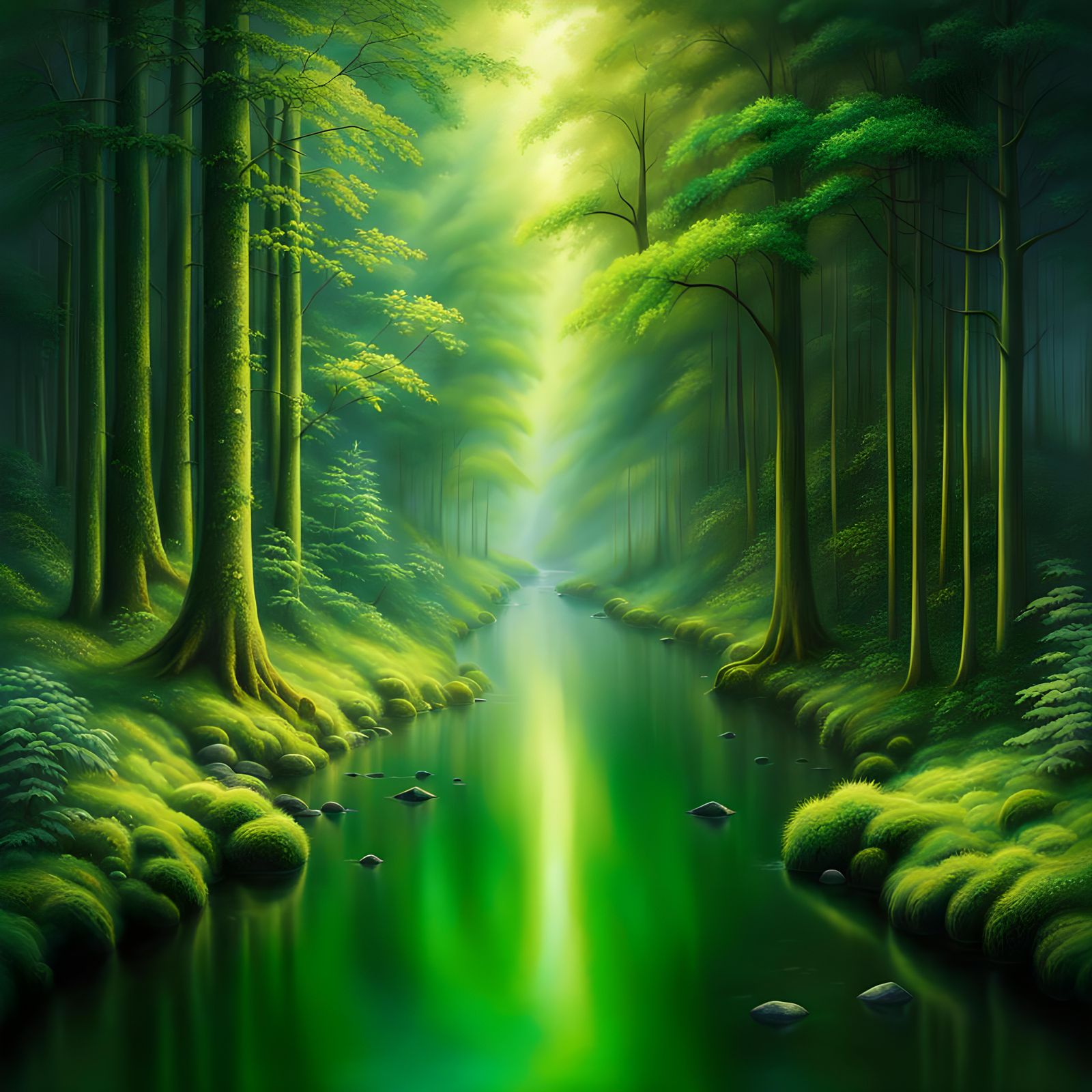 Green Glittering Forest and River in Ethereal Style