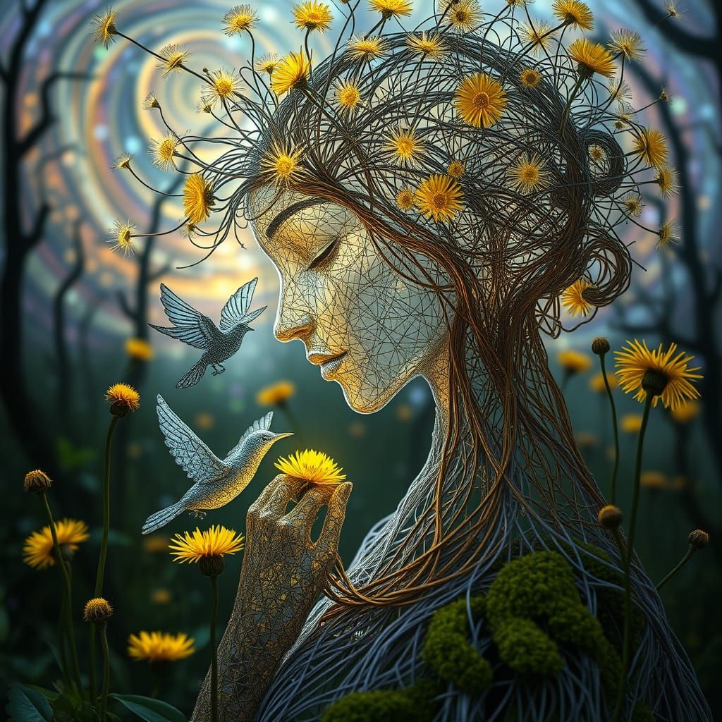 String Woman Kissing Bird: Bio-Art Portrait