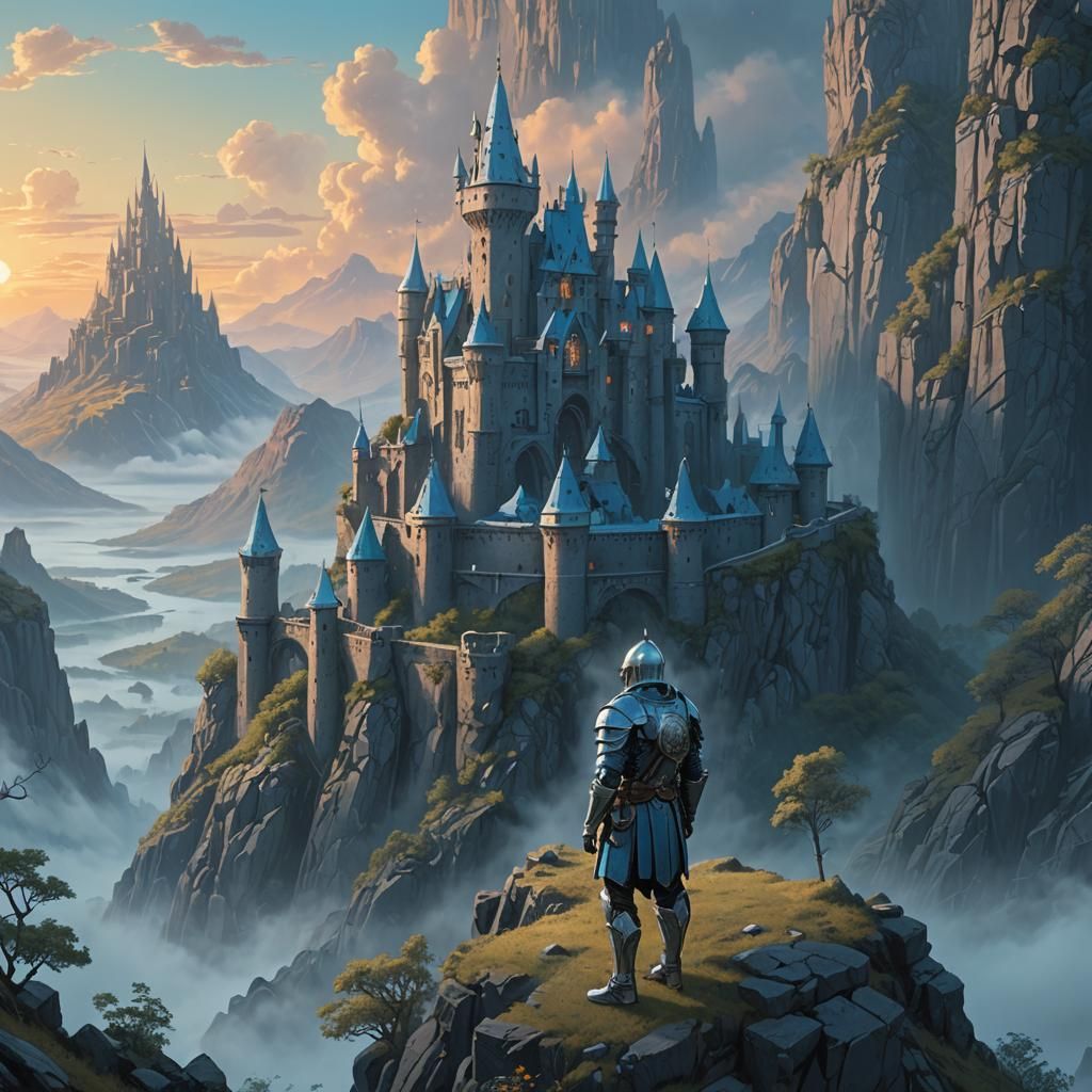 Fantasy Knight Guarding Misty Castle Ruins