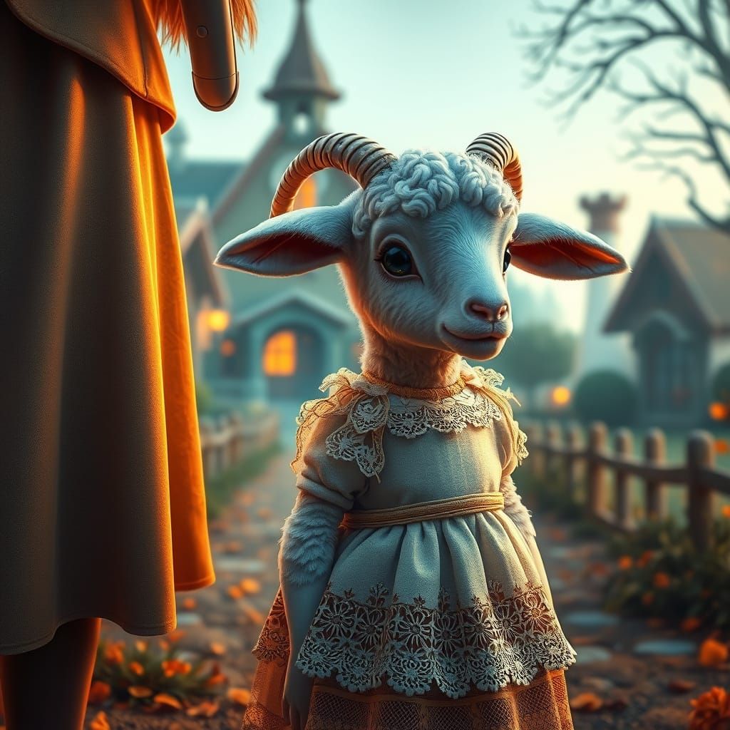 Lamb in Lace Dress at Whimsical School