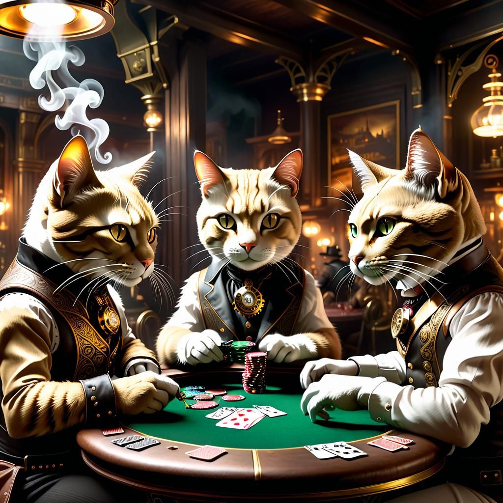 Steampunk Cats Play Poker in Smoky Saloon