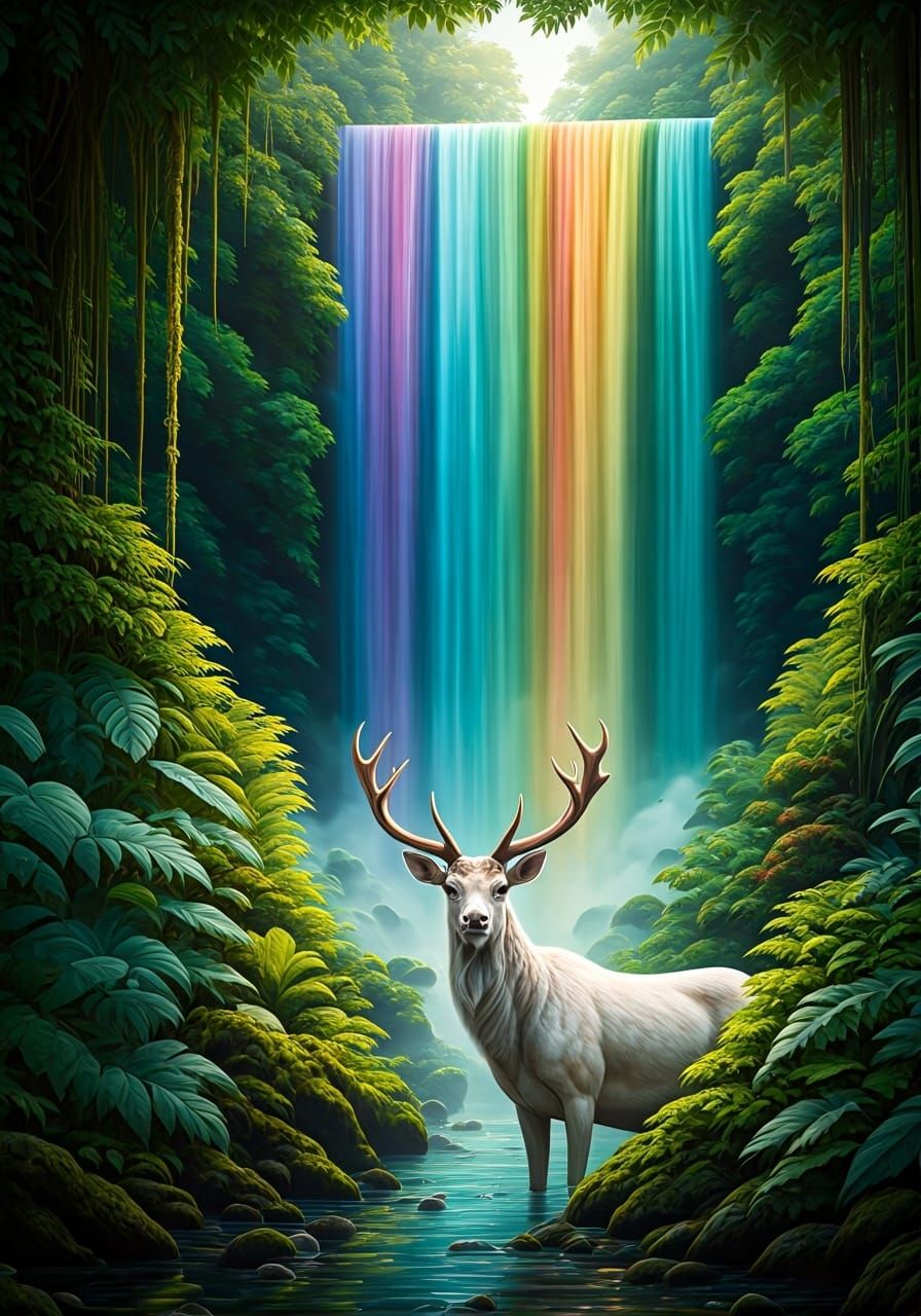 Majestic White Stag in Rainbow Waterfall