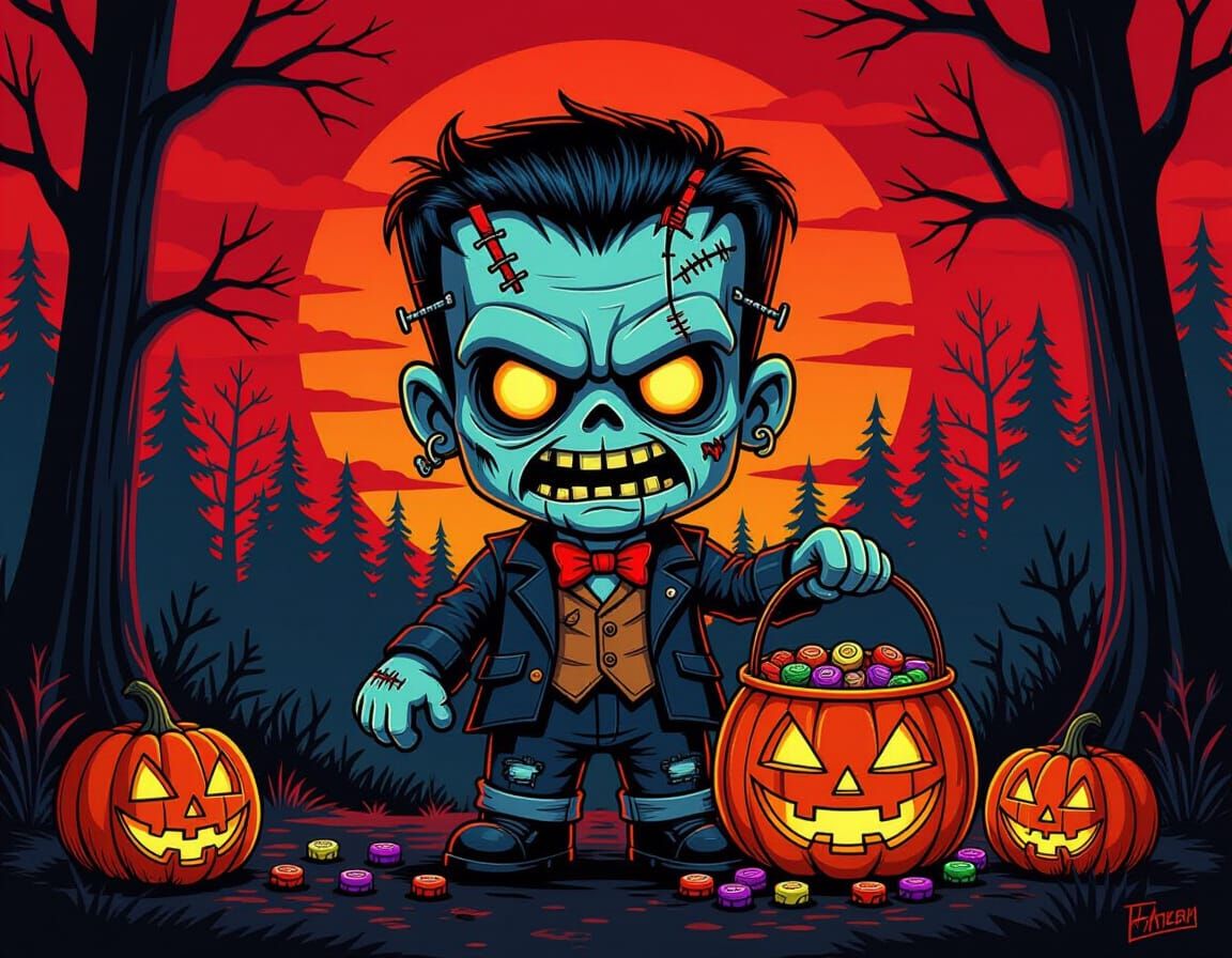 Chibi Frankenstein with Candy in Nightmare Forest