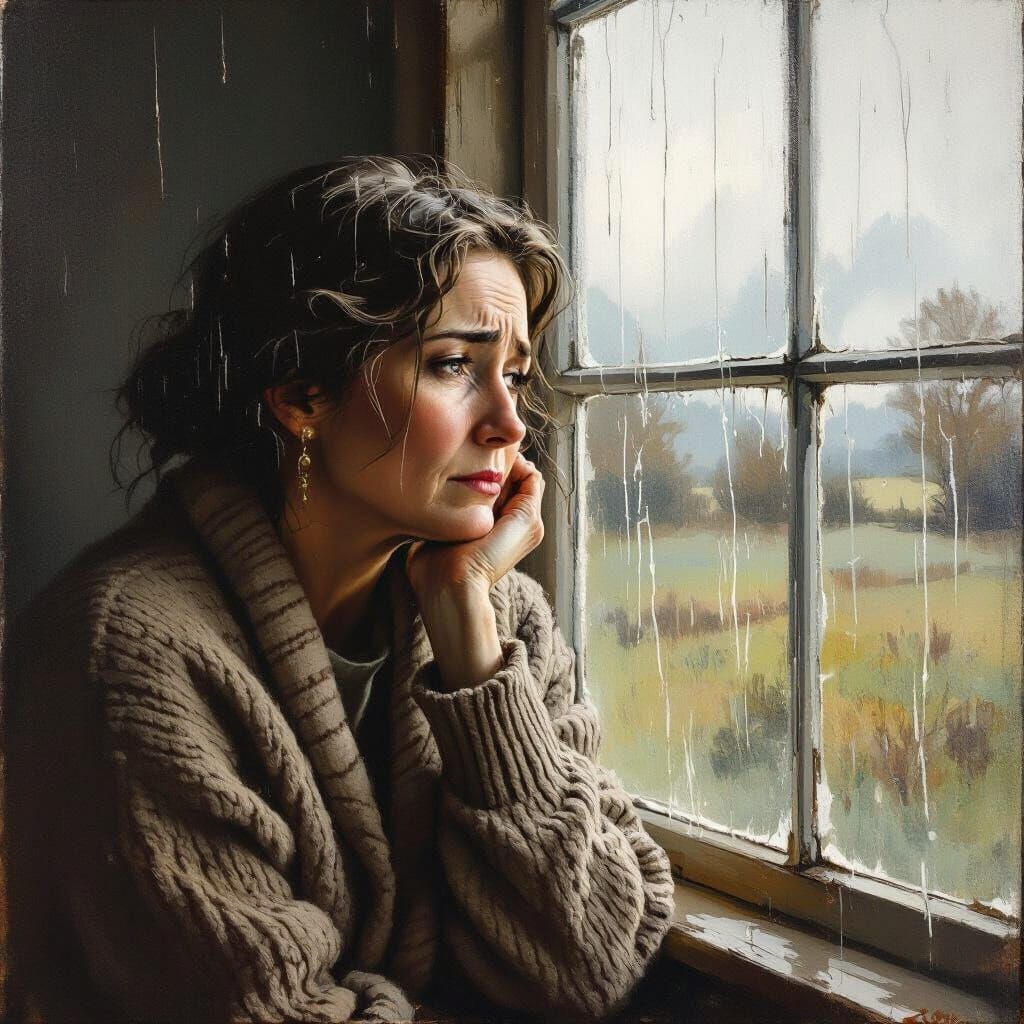 Melancholic Portrait of Woman Gazing Out Window