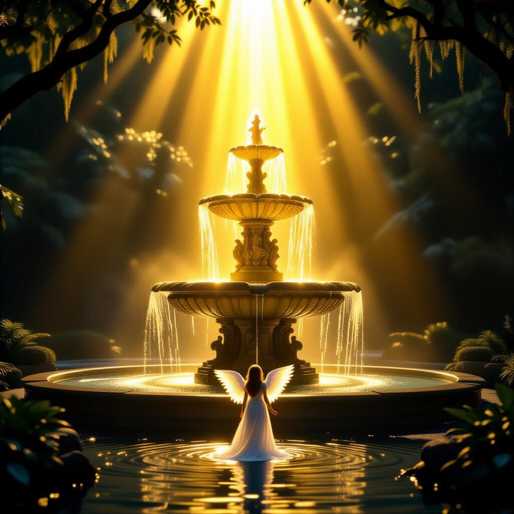 Fountain of Youth With Angel, Radiant Golden Light