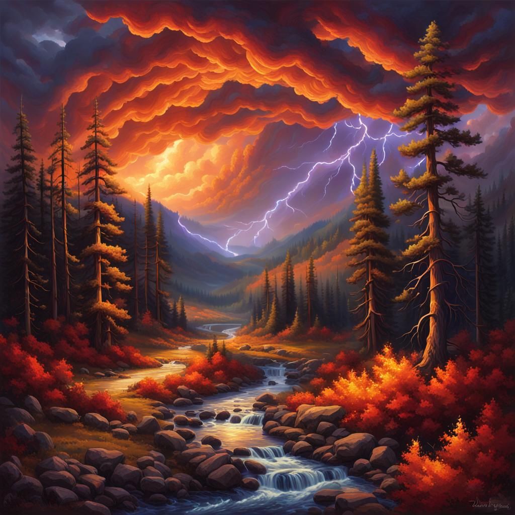 Dramatic Fantasy Landscape with Stream and Lightning