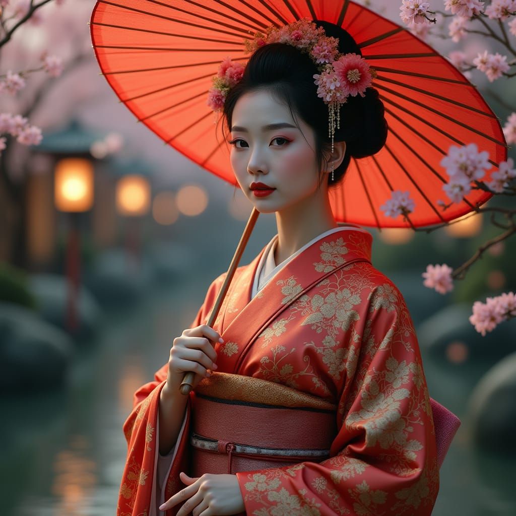 Geisha in Twilight Garden: A Digital Painting
