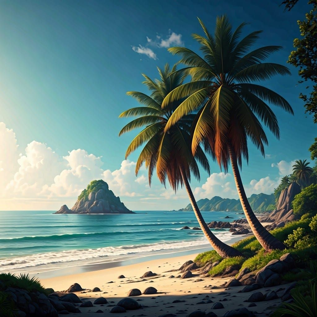 Palm Trees on a Sunny Beach: Detailed Matte Painting