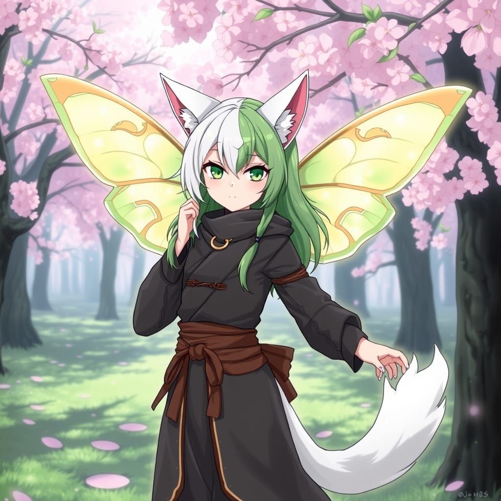 Anime Ninja Girl with Luna Moth Wings in Cherry Blossom Fore...