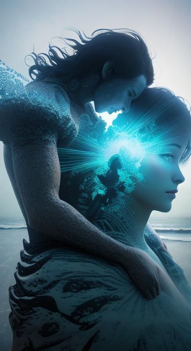 Embrace on an Alien Shore in Hokusai Style