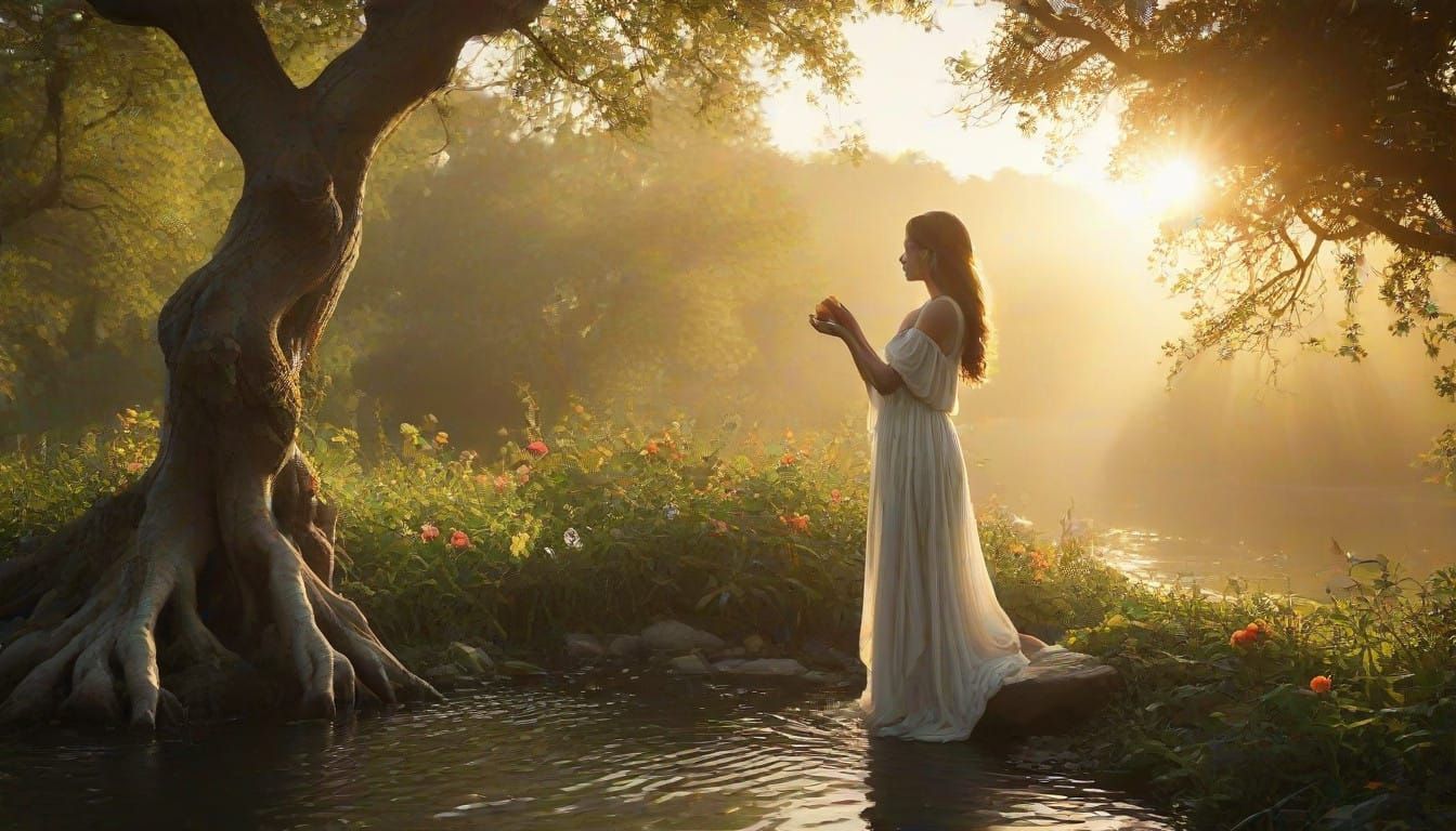 Ethereal Goddess Amidst Dawn Paradise