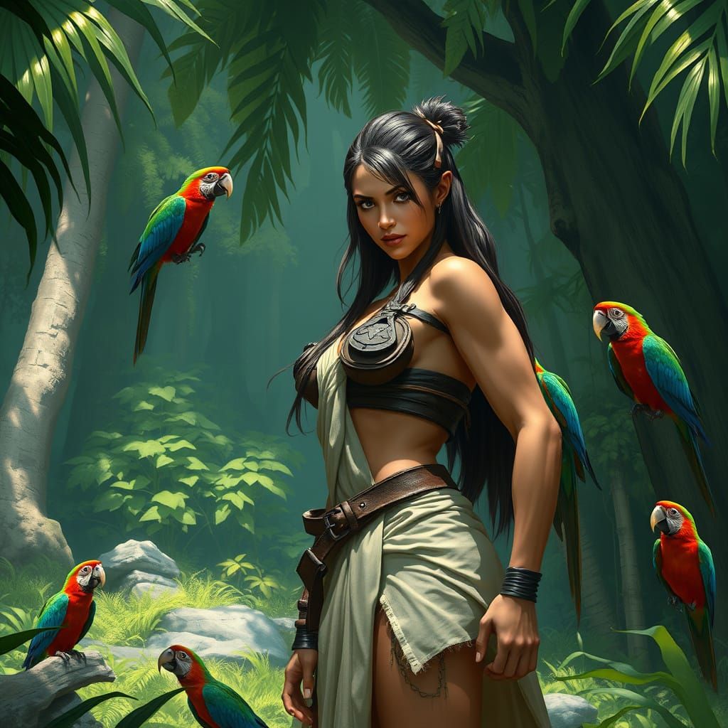 Warrior Woman in Rainforest, Mystical Realism Style