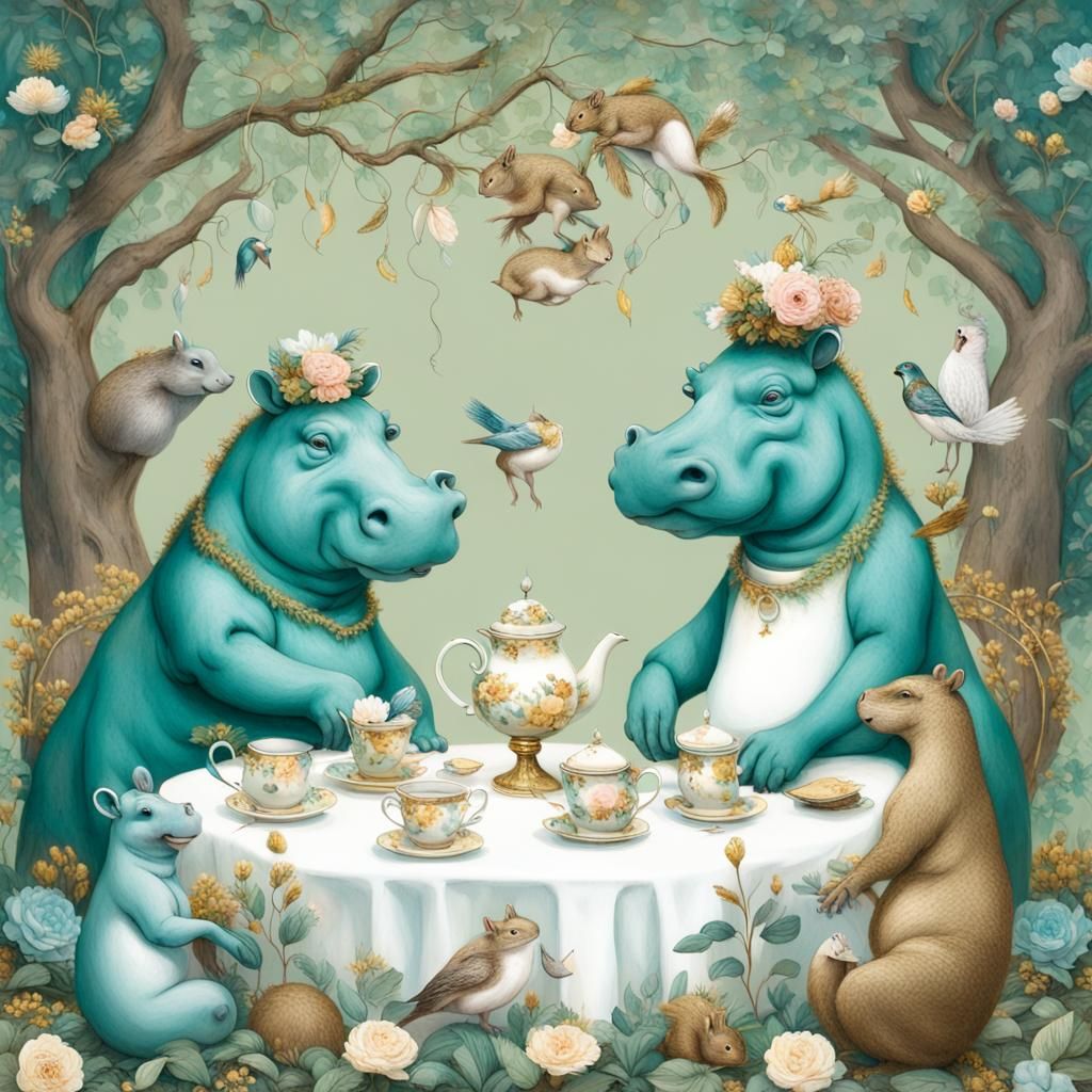 Whimsical Hippos Tea Party in Enchanted Forest