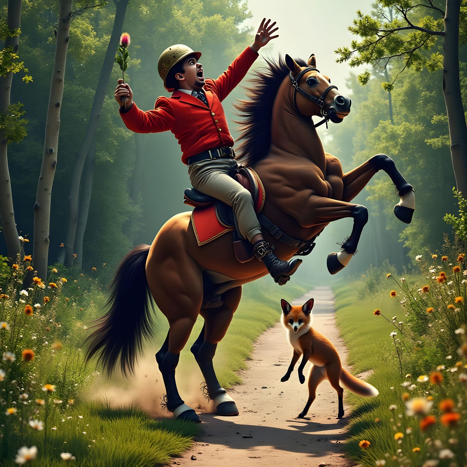 Elegant Gentleman Tossed by a Cunning Fox in a Vibrant Impas...