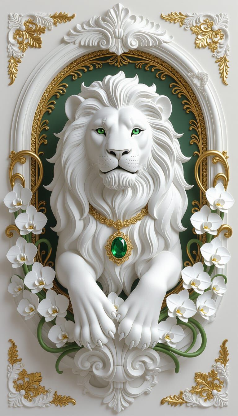 Majestic White Lion Sculptural Relief with Gold Accents