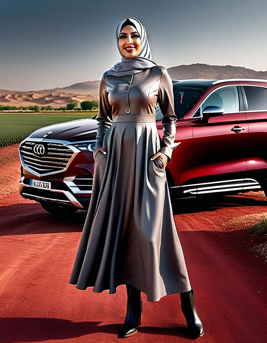 Middle Eastern Woman in Hijab with Red Car
